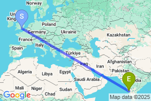 Map of the flight from London Gatwick to Belgaum