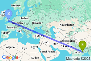 Map of the flight from London Gatwick to Ranchi