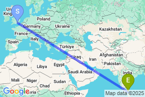 Map of the flight from London Gatwick to Jaffna