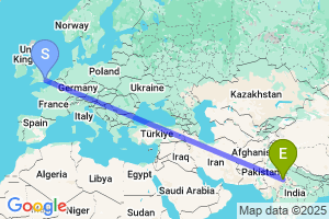 Map of the flight from London Gatwick to Jaipur