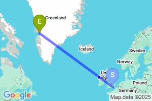 Map of the flight from London Gatwick to Ilulissat