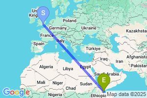 Map of the flight from London Gatwick to Djibouti