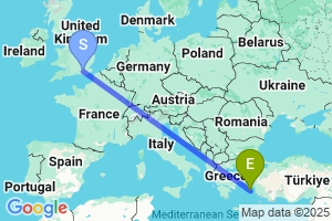 Map of the flight from London Gatwick to Ikaria