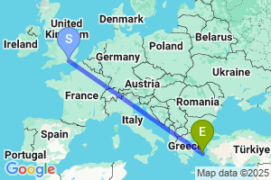 Map of the flight from London Gatwick to Chios