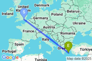 Map of the flight from London Gatwick to Mykonos