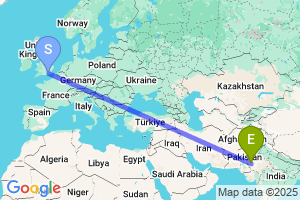 Map of the flight from London Gatwick to Jaisalmer