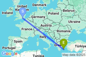 Map of the flight from London Gatwick to Syros Island