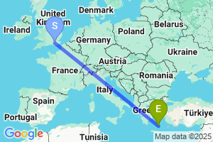 Map of the flight from London Gatwick to Santorini (Thira)