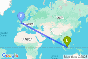 Map of the flight from London Gatwick to Kuching