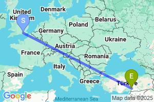 Map of the flight from London Gatwick to Kahramanmaras