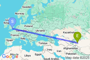 Map of the flight from London Gatwick to Kashi