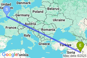 Map of the flight from London Gatwick to Kirkuk