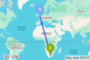 Map of the flight from London Gatwick to Kimberley