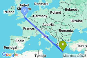 Map of the flight from London Gatwick to Kithira