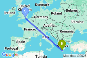 Map of the flight from London Gatwick to Kalamata