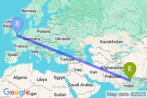 Map of the flight from London Gatwick to Kanpur