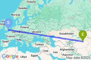 Map of the flight from London Gatwick to Korla