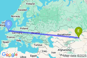 Map of the flight from London Gatwick to Karamay