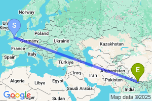 Map of the flight from London Gatwick to Kathmandu