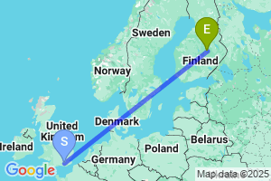 Map of the flight from London Gatwick to Kuopio