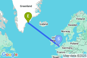 Map of the flight from London Gatwick to Kulusuk Island