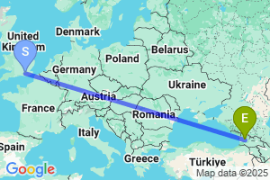 Map of the flight from London Gatwick to Kutaisi