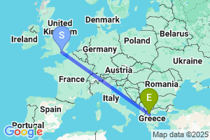 Map of the flight from London Gatwick to Kozani