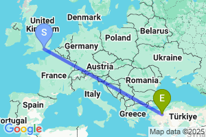 Map of the flight from London Gatwick to Kütahya