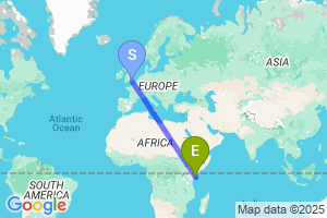 Map of the flight from London Gatwick to Lamu