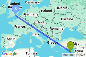 Map of the flight from London Gatwick to Larnaca