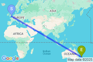 Map of the flight from London Gatwick to Lord Howe Island