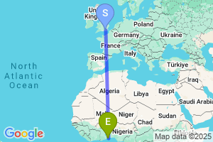 Map of the flight from London Gatwick to Lome