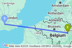 Map of the flight from London Gatwick to Liege