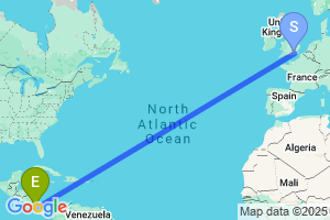 Map of the flight from London Gatwick to Limon