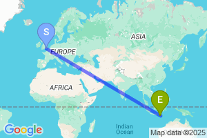 Map of the flight from London Gatwick to Lombok International