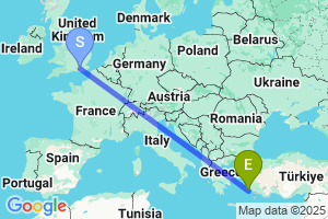 Map of the flight from London Gatwick to Leros