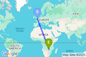 Map of the flight from London Gatwick to Lusaka