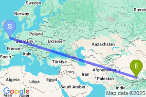 Map of the flight from London Gatwick to Lhasa