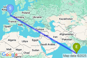 Map of the flight from London Gatwick to Chennai