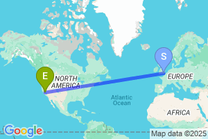 Map of the flight from London Gatwick to Merced