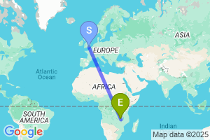 Map of the flight from London Gatwick to Mfuwe