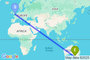 Map of the flight from London Gatwick to Mount Gambier