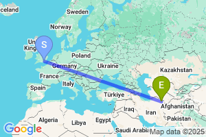 Map of the flight from London Gatwick to Mashhad