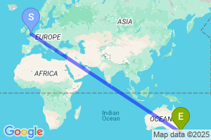 Map of the flight from London Gatwick to Merimbula