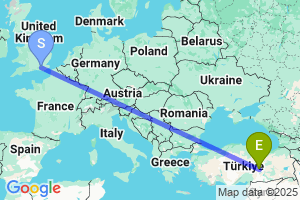 Map of the flight from London Gatwick to Malatya