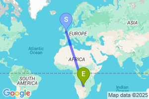 Map of the flight from London Gatwick to Katima Mulilo