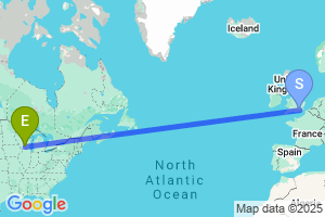 Map of the flight from London Gatwick to Madison