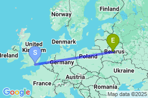 Map of the flight from London Gatwick to Minsk