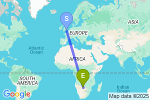 Map of the flight from London Gatwick to Maun