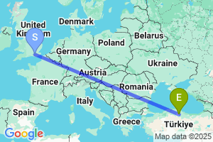 Map of the flight from London Gatwick to Merzifon